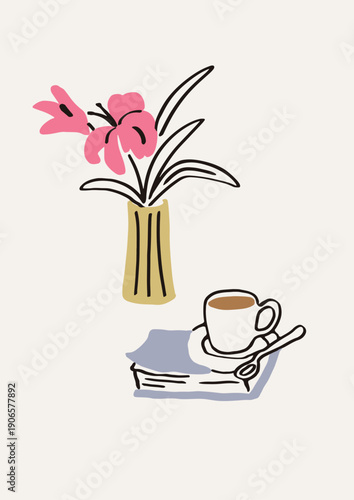 Flower in vase, morning coffee cup on book, modern doodle card design. Espres...