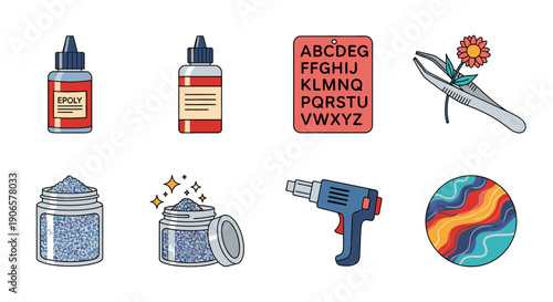 Assorted craft supplies including paint bottles glue stick alphabet sticker and glue gun arranged on a white surface in a flat lay illustration