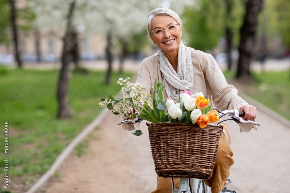 Fototapeta premium Cheerful senior woman riding a vintage bicycle with a flower basket in a spring park representing active aging and carefree retirement