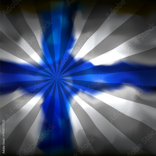 Finnish abstract flag grunge background with sun rays. Flag of finland. Watercolor dark background. Color grunge texture for creative design. Nation patriotic template. Finland vector banner design