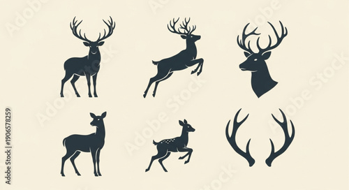 Collection of Stag Deer Silhouettes in Various Poses.