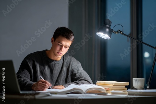 Teenage boy studying mathematics at a desk late at night under a lamp representing academic dedication focus and exam preparation in a home environment