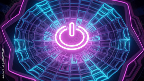 Glowing neon power button symbol in vibrant purple and blue colors.