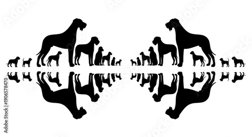 Symmetrical dog silhouette collection showing breed size variation balanced canine vector icons for animal design