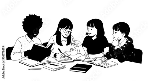 Diverse children studying together at classroom table collaborative learning teamwork school kids vector illustration