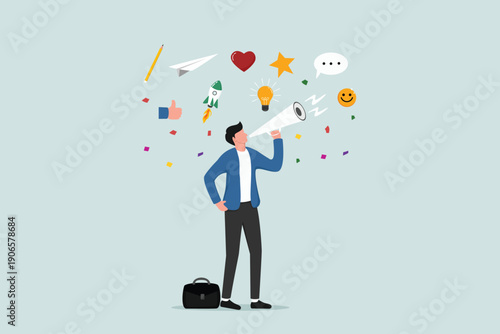 Storytelling, the art of communication or telling and share idea, inspiration, promote marketing campaign in advertising concept, smart businessman marketer using megaphone to tell their story.