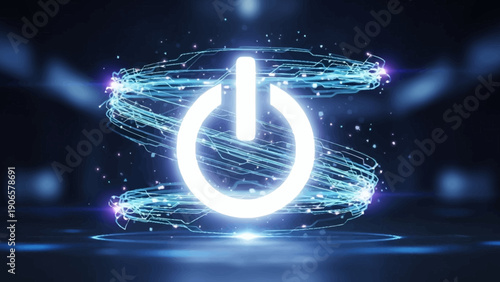 Glowing Power Button Symbol with Digital Energy Swirl.