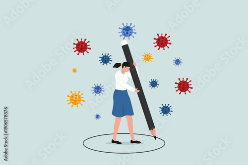 Social distancing, keeping distance in public places to protect yourself from the spread of the virus outbreak, the concept of women keeping distance by drawing a circle containing the virus pathogen.