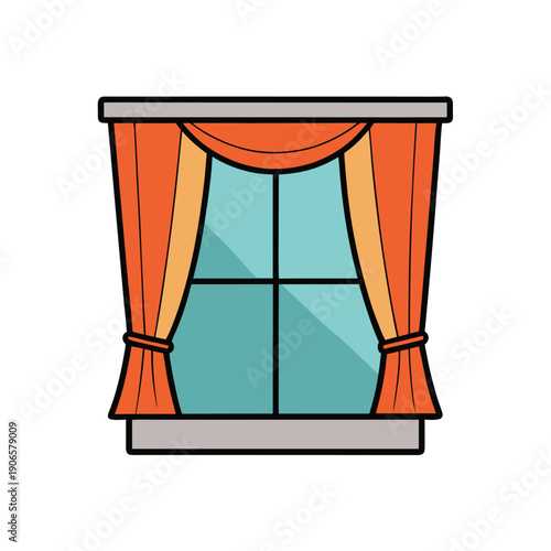 Window with orange draped curtains and divided glass panes