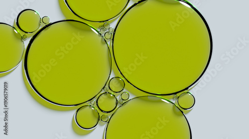 Abstract background with green oil bubbles. Scientific research 3D illustration
