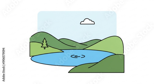 Serene landscape with a tranquil lake surrounded by green hills and a single tree under a cloudy sky