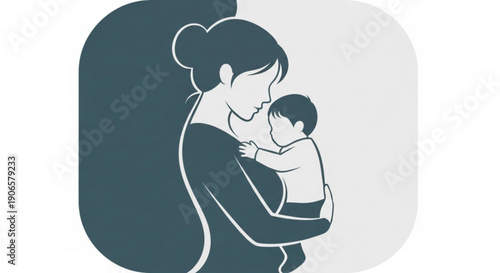 Mother holding baby close tender moment simple line art illustration dark teal and white color scheme rounded square shape soft background