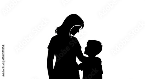 Silhouette of a mother and child standing together in a tender moment looking at each other with love and care on a plain white background