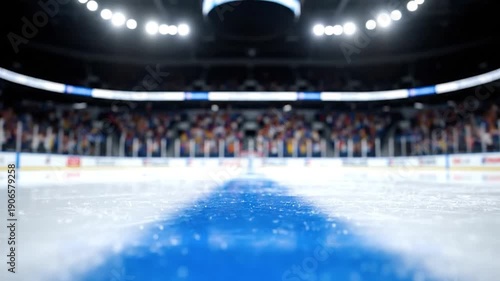Ice hockey arena. Focus on the ice rink with blurry background of the audience, lights, and structure