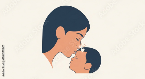 Tender moment of a mother kissing her young child on the forehead with love and care