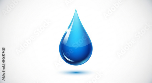 Large blue water droplet with reflection on white background symbolizing purity and hydration