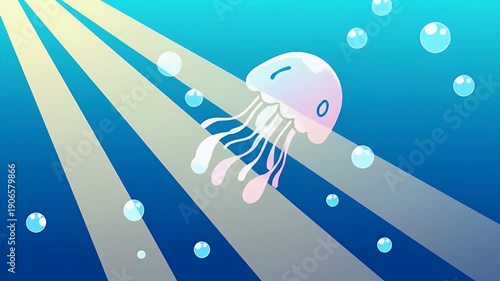 Stylized underwater scene with sun rays and ascending bubbles
