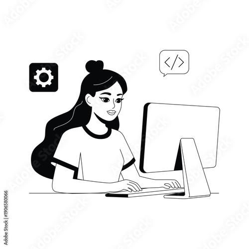 Glyph illustration of web developer working on computer, ready for premium use