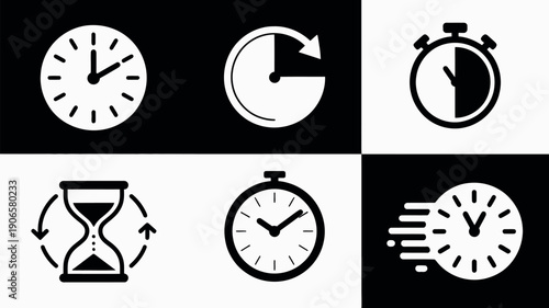 A vector illustration of a set of circular clock icons featuring a flat design watch face with alarm and stopwatch symbols for business time management concepts