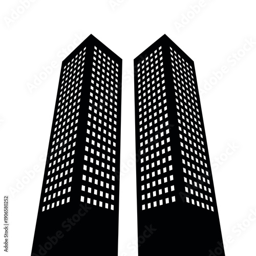 A black and white architectural cityscape features tall glass office building skyscrapers reaching toward the blue sky in a high downtown urban business district