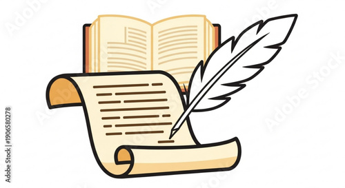 Vintage scroll with feather quill pen and open book on white background symbolizing writing and knowledge