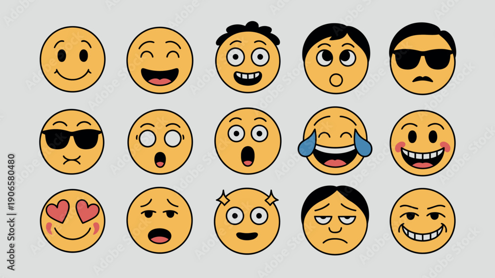 Obraz premium Set of funny cartoon faces and yellow emoticon icons featuring a vector illustration of diverse facial expressions from a happy smile to angry and crying emotions
