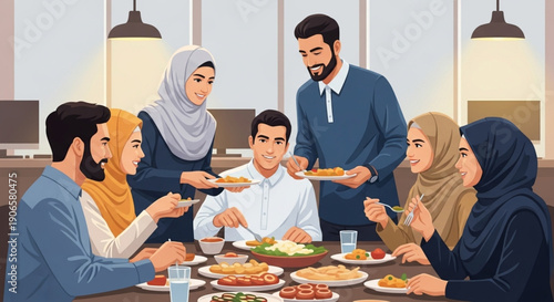 Muslim Colleagues Sharing Iftar Meal Together in Modern Office During Ramadan illustration