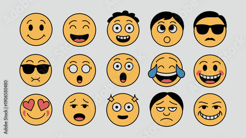 Set of funny cartoon faces and yellow emoticon icons featuring a vector illustration of diverse facial expressions from a happy smile to angry and crying emotions