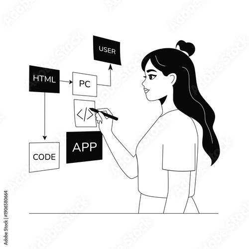 A premium glyph illustration of full stack web development workflow