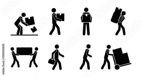 Collection of stick figure icons representing various ways of carrying boxes and packages.