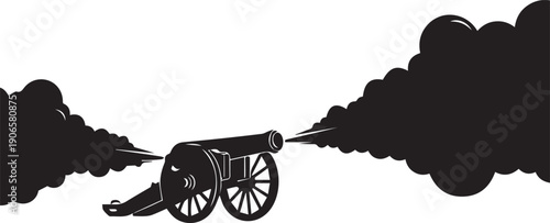 Cannon firing vector silhouette illustration with huge black smoke clouds depicting battle explosion