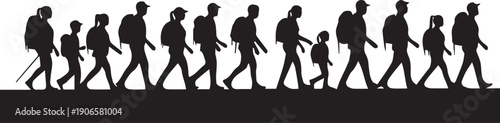 Family walking with backpacks on transparent background vector silhouette illustration