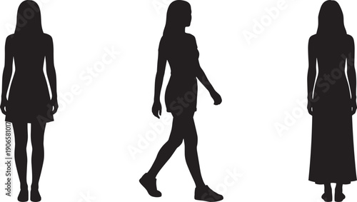 Female silhouette set with standing and walking poses minimal black white vector woman fashion illustration design