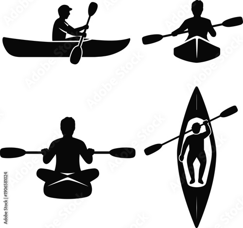 "Collection of kayaking silhouettes showing different postures and perspectives including paddling, sitting, and standing for sports, recreation, and design"