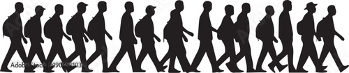 Group of diverse people walking side view vector silhouette illustration travelers migrating or commuting