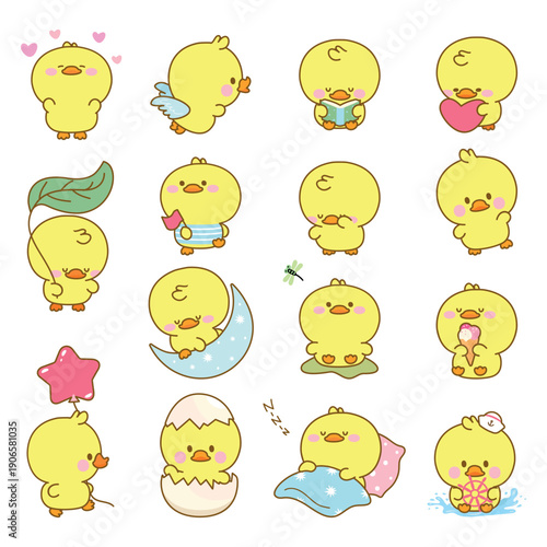 Funny yellow duckling. Kawaii cartoon ducklings different poses and emotions. Adorable little ducks. Isolated children mascots, farm birds stickers, nowaday vector clipart