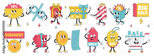 Retro sale characters. Groovy stickers, promotional badges, labels, discount tags. Big sales boxes with gifts, funny stickers neoteric vector template