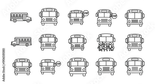 Collection of stylized bus illustrations in black and white outline.