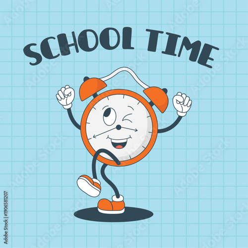 Retro school time poster. Funny happy alarm clock, childish mascot. Back to study, wake up character. Cartoon groovy watch, neoteric vector banner