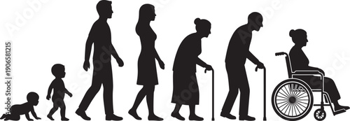 Human life stages evolution silhouette from baby to elderly wheelchair black white vector illustration concept design