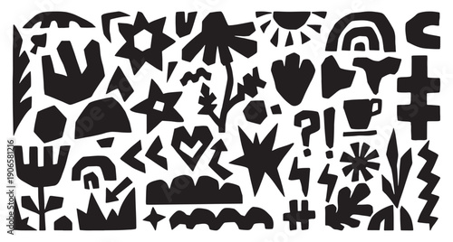 Black cutout elements. Cut out shapes, abstract stars, flowers, sun, heart. Natural figures, scandinavian style design, decorative art prints, neoteric vector clipart