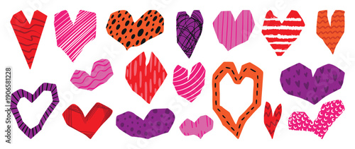 Cutout paper hearts. Abstract heart with doodle scribbles and textures. Love romantic elements collage style, bright scrapbook stickers, neoteric vector set