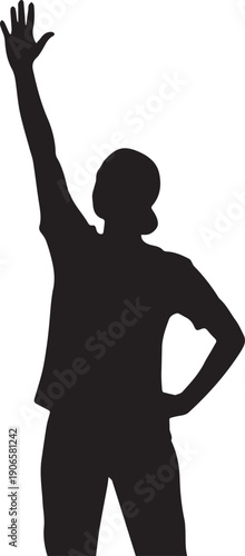 Woman silhouette raising hand high in air reaching up vector illustration line art style
