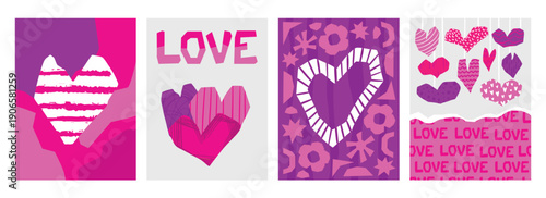 Abstract hearts postcards. Collage style cards for valentines day, romantic gift for friend or family. Love banners with cut out decorative heart, neoteric vector set