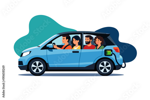 Family enjoying electric car ride charging station transportation.