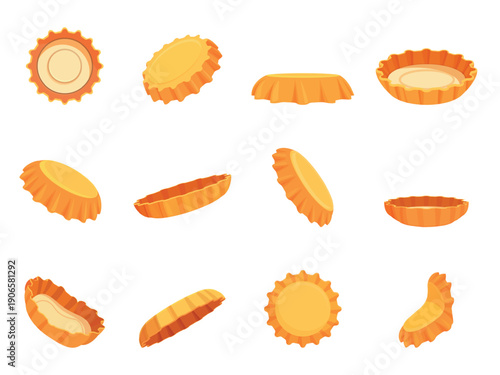 Cartoon yellow bottle caps. Metal cap from bottles, different positions. Broked, used and crumpled caps of mineral water, lemonade, beer, soda drinks, sapid vector set