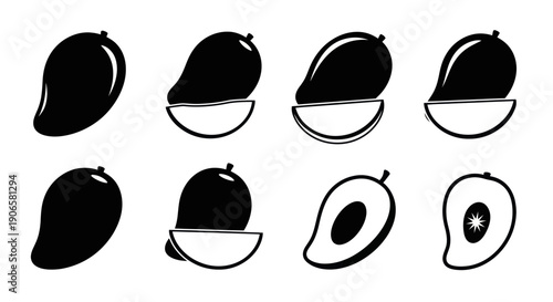 Mango Icon Set: Whole, Halved, and Sliced Tropical Fruit Illustrations