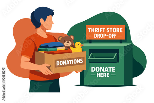 Man holding donation box near thrift store drop off bin.