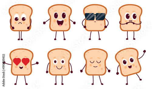 Toast characters. Funny bread slice with different emotions. Cute cartoon food character, children mascot. Snack in love, surprised, nervous, sapid vector set