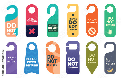 Do not disturb tags. Hotel door hangers, knob handles tag different design templates. Message to hotel staff, manager from a staying client, sapid vector clipart